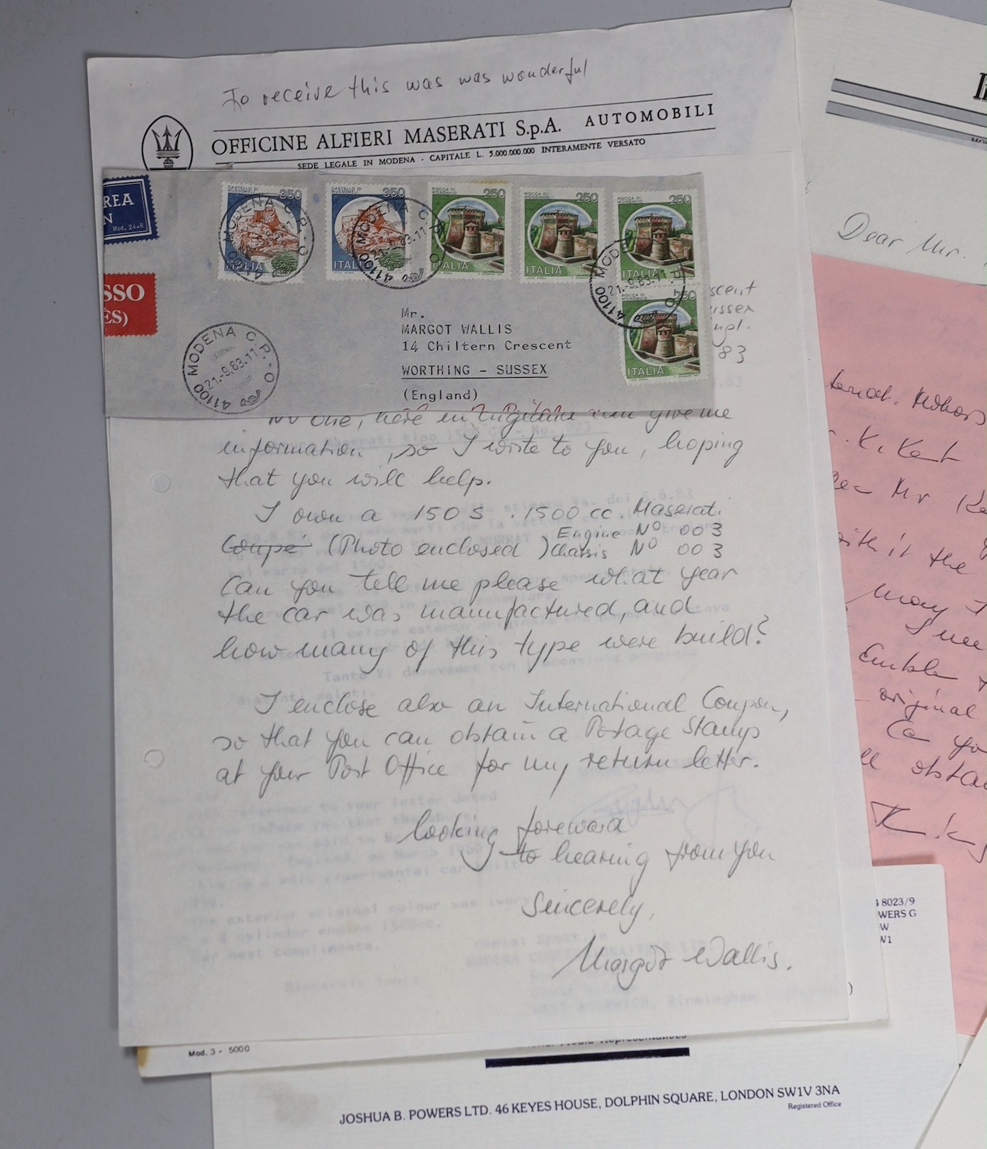 Maserati related ephemera including signed Stirling Moss Limited correspondence